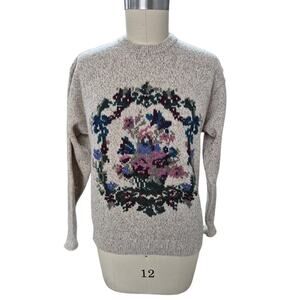 Vtg 80s Eddie Bauer Wool Blend Sweater  Flower Basket/Wreath Design Sz L